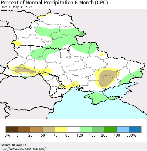 Ukraine, Moldova and Belarus Percent of Normal Precipitation 6-Month (CPC) Thematic Map For 12/1/2021 - 5/31/2022