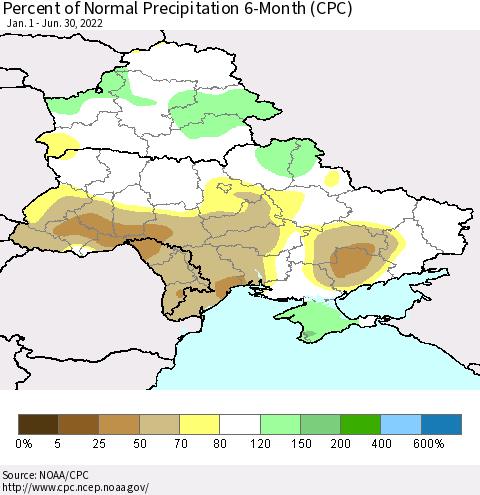 Ukraine, Moldova and Belarus Percent of Normal Precipitation 6-Month (CPC) Thematic Map For 1/1/2022 - 6/30/2022