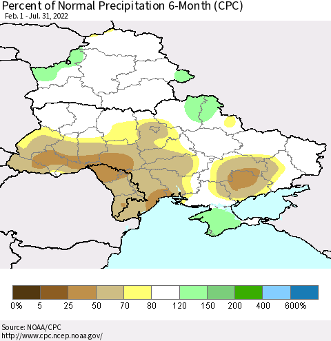 Ukraine, Moldova and Belarus Percent of Normal Precipitation 6-Month (CPC) Thematic Map For 2/1/2022 - 7/31/2022