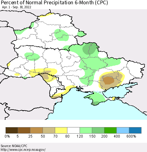 Ukraine, Moldova and Belarus Percent of Normal Precipitation 6-Month (CPC) Thematic Map For 4/1/2022 - 9/30/2022
