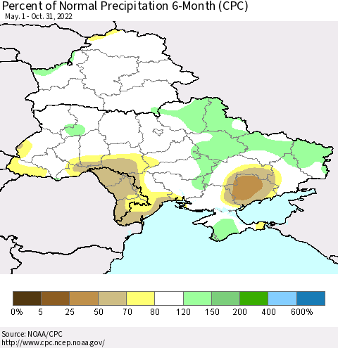 Ukraine, Moldova and Belarus Percent of Normal Precipitation 6-Month (CPC) Thematic Map For 5/1/2022 - 10/31/2022