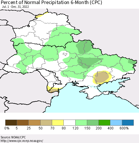 Ukraine, Moldova and Belarus Percent of Normal Precipitation 6-Month (CPC) Thematic Map For 7/1/2022 - 12/31/2022