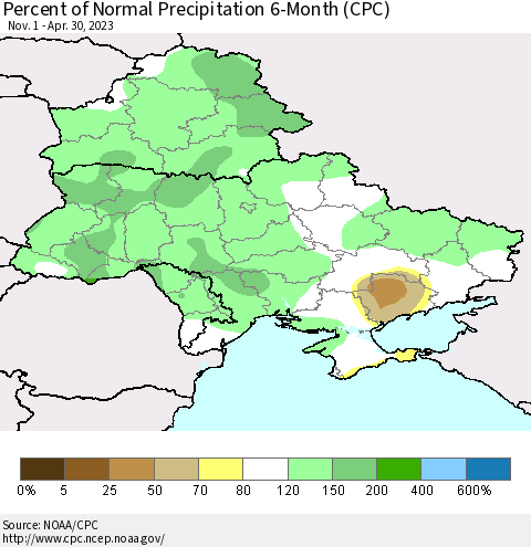 Ukraine, Moldova and Belarus Percent of Normal Precipitation 6-Month (CPC) Thematic Map For 11/1/2022 - 4/30/2023