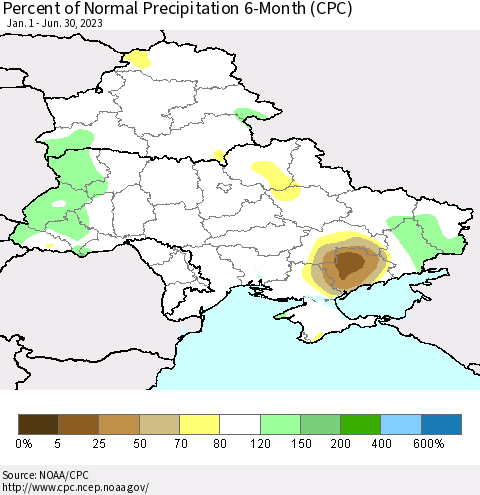 Ukraine, Moldova and Belarus Percent of Normal Precipitation 6-Month (CPC) Thematic Map For 1/1/2023 - 6/30/2023