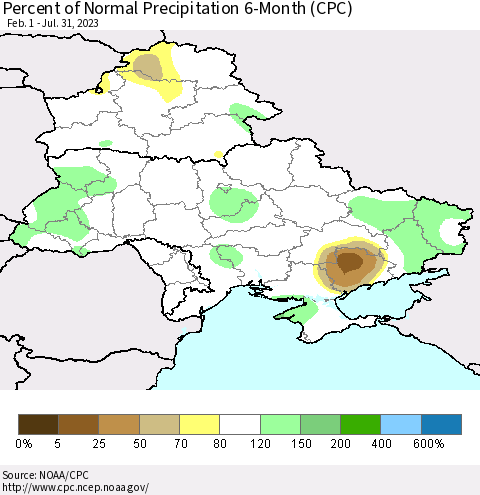 Ukraine, Moldova and Belarus Percent of Normal Precipitation 6-Month (CPC) Thematic Map For 2/1/2023 - 7/31/2023