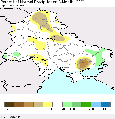 Ukraine, Moldova and Belarus Percent of Normal Precipitation 6-Month (CPC) Thematic Map For 4/1/2023 - 9/30/2023