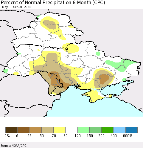 Ukraine, Moldova and Belarus Percent of Normal Precipitation 6-Month (CPC) Thematic Map For 5/1/2023 - 10/31/2023