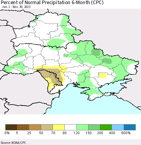 Ukraine, Moldova and Belarus Percent of Normal Precipitation 6-Month (CPC) Thematic Map For 6/1/2023 - 11/30/2023