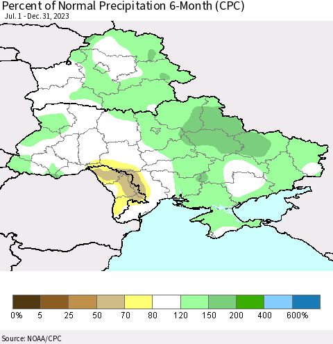 Ukraine, Moldova and Belarus Percent of Normal Precipitation 6-Month (CPC) Thematic Map For 7/1/2023 - 12/31/2023