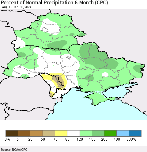 Ukraine, Moldova and Belarus Percent of Normal Precipitation 6-Month (CPC) Thematic Map For 8/1/2023 - 1/31/2024