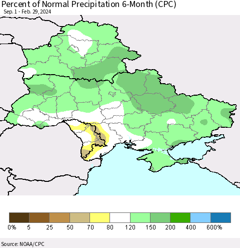 Ukraine, Moldova and Belarus Percent of Normal Precipitation 6-Month (CPC) Thematic Map For 9/1/2023 - 2/29/2024