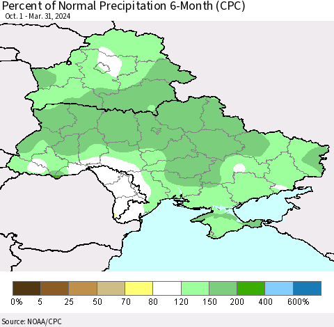 Ukraine, Moldova and Belarus Percent of Normal Precipitation 6-Month (CPC) Thematic Map For 10/1/2023 - 3/31/2024