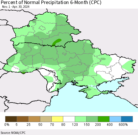 Ukraine, Moldova and Belarus Percent of Normal Precipitation 6-Month (CPC) Thematic Map For 11/1/2023 - 4/30/2024