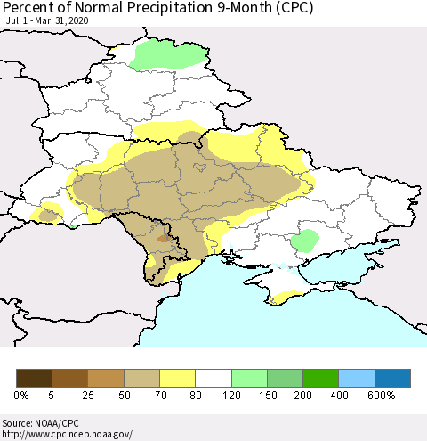Ukraine, Moldova and Belarus Percent of Normal Precipitation 9-Month (CPC) Thematic Map For 7/1/2019 - 3/31/2020