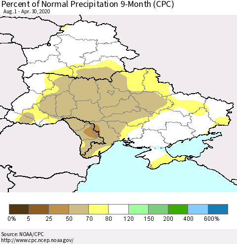 Ukraine, Moldova and Belarus Percent of Normal Precipitation 9-Month (CPC) Thematic Map For 8/1/2019 - 4/30/2020