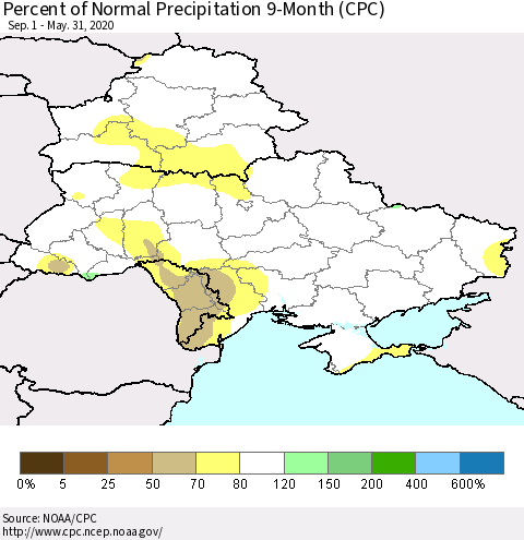 Ukraine, Moldova and Belarus Percent of Normal Precipitation 9-Month (CPC) Thematic Map For 9/1/2019 - 5/31/2020