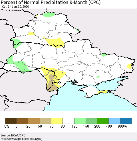 Ukraine, Moldova and Belarus Percent of Normal Precipitation 9-Month (CPC) Thematic Map For 10/1/2019 - 6/30/2020