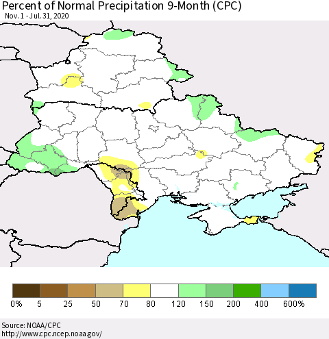 Ukraine, Moldova and Belarus Percent of Normal Precipitation 9-Month (CPC) Thematic Map For 11/1/2019 - 7/31/2020