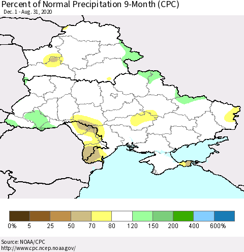 Ukraine, Moldova and Belarus Percent of Normal Precipitation 9-Month (CPC) Thematic Map For 12/1/2019 - 8/31/2020