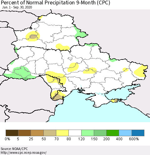 Ukraine, Moldova and Belarus Percent of Normal Precipitation 9-Month (CPC) Thematic Map For 1/1/2020 - 9/30/2020