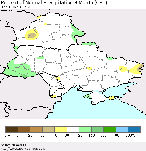 Ukraine, Moldova and Belarus Percent of Normal Precipitation 9-Month (CPC) Thematic Map For 2/1/2020 - 10/31/2020