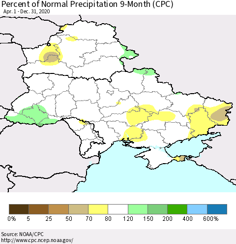 Ukraine, Moldova and Belarus Percent of Normal Precipitation 9-Month (CPC) Thematic Map For 4/1/2020 - 12/31/2020