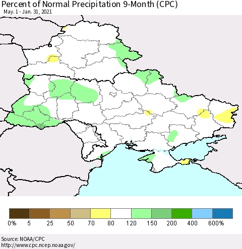 Ukraine, Moldova and Belarus Percent of Normal Precipitation 9-Month (CPC) Thematic Map For 5/1/2020 - 1/31/2021