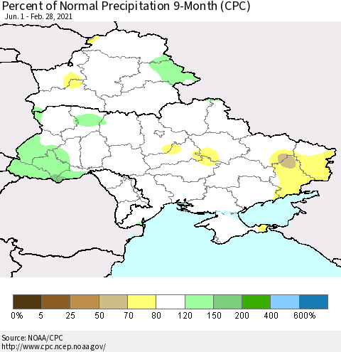 Ukraine, Moldova and Belarus Percent of Normal Precipitation 9-Month (CPC) Thematic Map For 6/1/2020 - 2/28/2021
