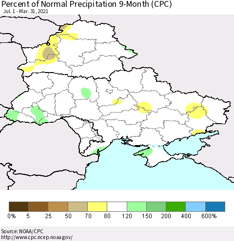 Ukraine, Moldova and Belarus Percent of Normal Precipitation 9-Month (CPC) Thematic Map For 7/1/2020 - 3/31/2021