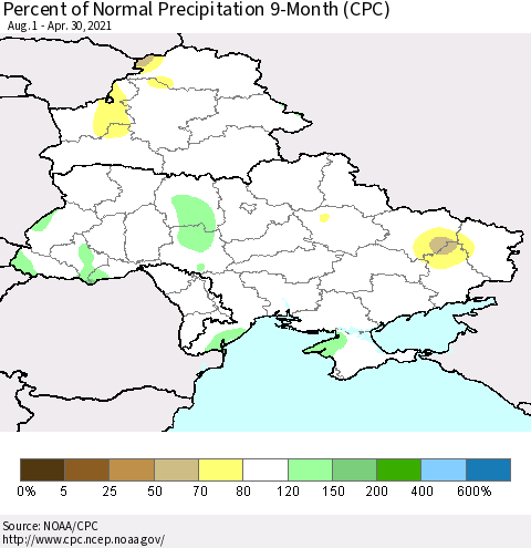 Ukraine, Moldova and Belarus Percent of Normal Precipitation 9-Month (CPC) Thematic Map For 8/1/2020 - 4/30/2021
