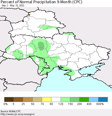Ukraine, Moldova and Belarus Percent of Normal Precipitation 9-Month (CPC) Thematic Map For 9/1/2020 - 5/31/2021