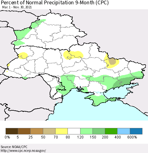 Ukraine, Moldova and Belarus Percent of Normal Precipitation 9-Month (CPC) Thematic Map For 3/1/2021 - 11/30/2021