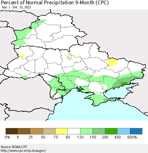 Ukraine, Moldova and Belarus Percent of Normal Precipitation 9-Month (CPC) Thematic Map For 4/1/2021 - 12/31/2021
