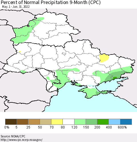 Ukraine, Moldova and Belarus Percent of Normal Precipitation 9-Month (CPC) Thematic Map For 5/1/2021 - 1/31/2022