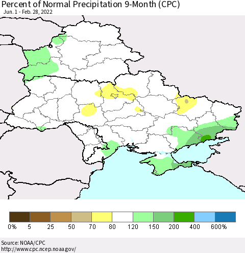 Ukraine, Moldova and Belarus Percent of Normal Precipitation 9-Month (CPC) Thematic Map For 6/1/2021 - 2/28/2022