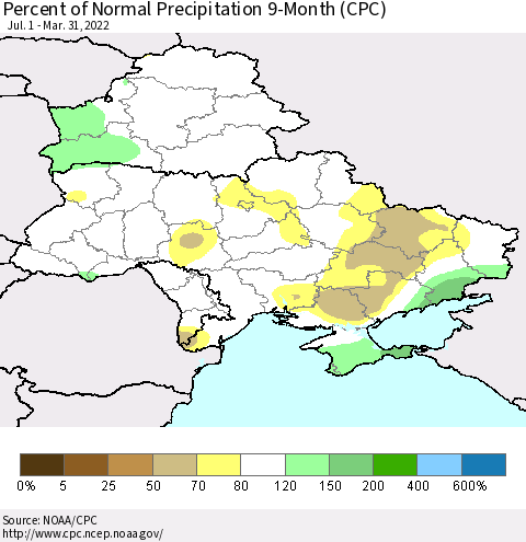 Ukraine, Moldova and Belarus Percent of Normal Precipitation 9-Month (CPC) Thematic Map For 7/1/2021 - 3/31/2022