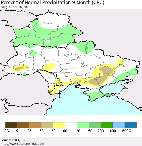Ukraine, Moldova and Belarus Percent of Normal Precipitation 9-Month (CPC) Thematic Map For 8/1/2021 - 4/30/2022