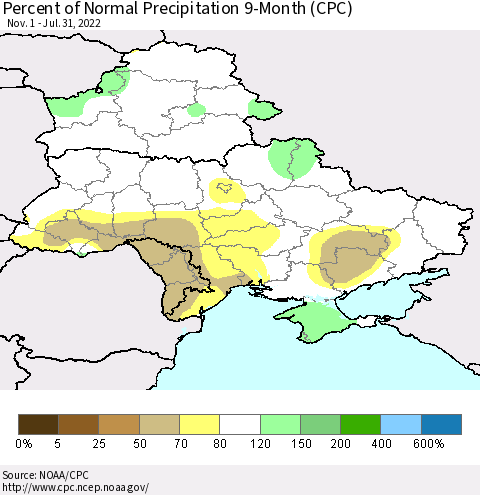 Ukraine, Moldova and Belarus Percent of Normal Precipitation 9-Month (CPC) Thematic Map For 11/1/2021 - 7/31/2022