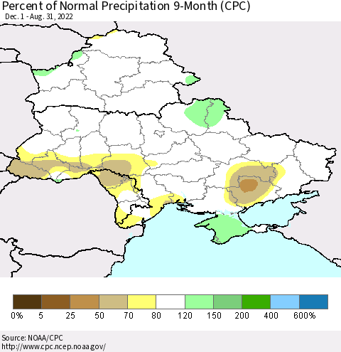Ukraine, Moldova and Belarus Percent of Normal Precipitation 9-Month (CPC) Thematic Map For 12/1/2021 - 8/31/2022