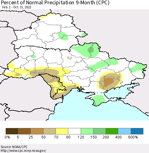 Ukraine, Moldova and Belarus Percent of Normal Precipitation 9-Month (CPC) Thematic Map For 2/1/2022 - 10/31/2022
