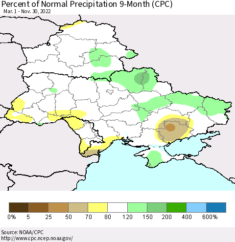 Ukraine, Moldova and Belarus Percent of Normal Precipitation 9-Month (CPC) Thematic Map For 3/1/2022 - 11/30/2022