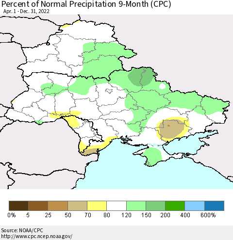 Ukraine, Moldova and Belarus Percent of Normal Precipitation 9-Month (CPC) Thematic Map For 4/1/2022 - 12/31/2022
