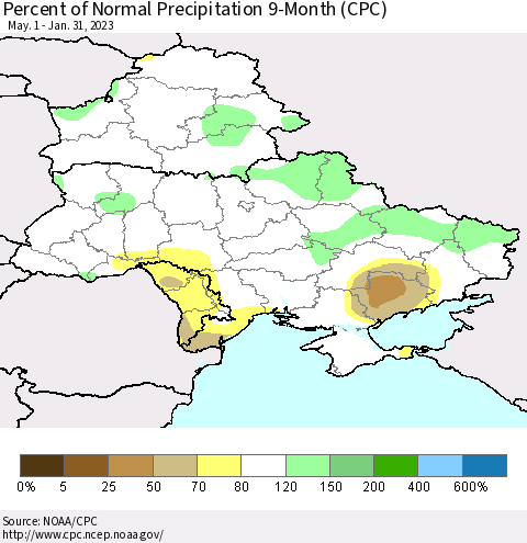 Ukraine, Moldova and Belarus Percent of Normal Precipitation 9-Month (CPC) Thematic Map For 5/1/2022 - 1/31/2023