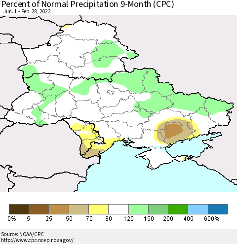 Ukraine, Moldova and Belarus Percent of Normal Precipitation 9-Month (CPC) Thematic Map For 6/1/2022 - 2/28/2023