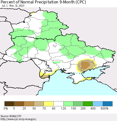 Ukraine, Moldova and Belarus Percent of Normal Precipitation 9-Month (CPC) Thematic Map For 7/1/2022 - 3/31/2023