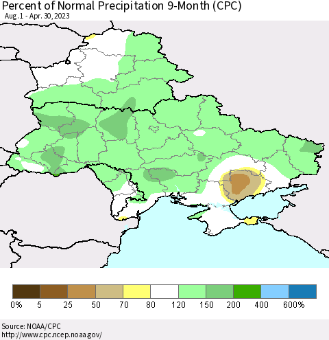 Ukraine, Moldova and Belarus Percent of Normal Precipitation 9-Month (CPC) Thematic Map For 8/1/2022 - 4/30/2023