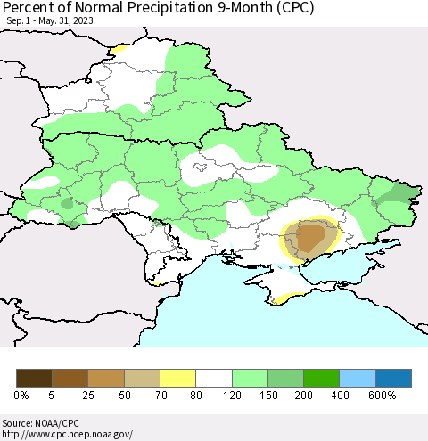 Ukraine, Moldova and Belarus Percent of Normal Precipitation 9-Month (CPC) Thematic Map For 9/1/2022 - 5/31/2023