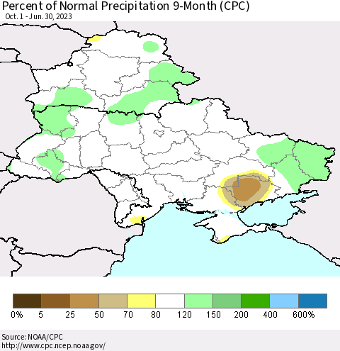 Ukraine, Moldova and Belarus Percent of Normal Precipitation 9-Month (CPC) Thematic Map For 10/1/2022 - 6/30/2023