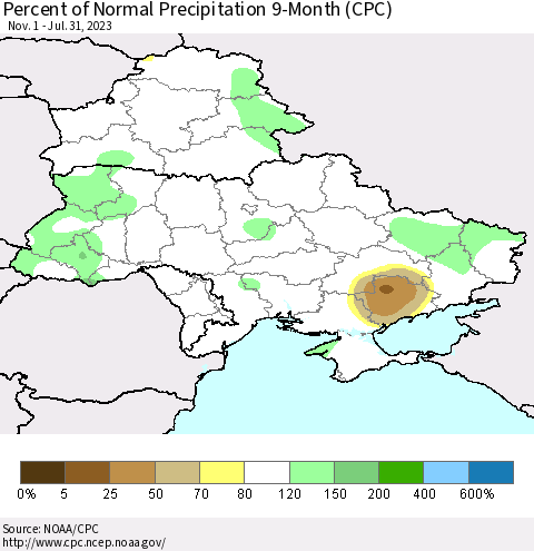 Ukraine, Moldova and Belarus Percent of Normal Precipitation 9-Month (CPC) Thematic Map For 11/1/2022 - 7/31/2023