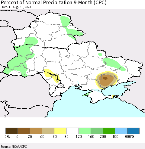 Ukraine, Moldova and Belarus Percent of Normal Precipitation 9-Month (CPC) Thematic Map For 12/1/2022 - 8/31/2023